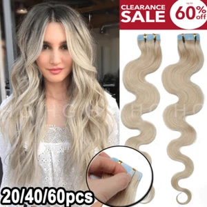 New 100% Russian Remy Tape In Human Hair Extensions 20/40/60pcs Curly Thick HG01 - Picture 1 of 41