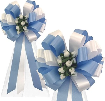Baby Blue & White Wedding Pull Bows with Tulle Tails & Rosebuds - 8" Wide, 6 Set - Image 1 of 3