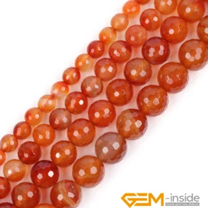 Natural Red Carnelian Agate Gemstone Faceted Round Beads For Jewelry Making 15" - Picture 1 of 51