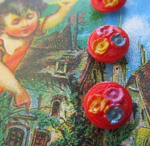 Set of 4~Vintage Demi 3/8” Painted red flower Glass Charm String Buttons ~NOS - Picture 1 of 2