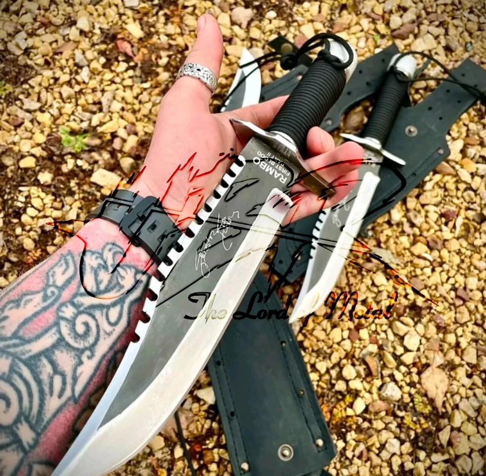 CUSTOM HANDMADE HIGH CARBON STEEL RAMBO 2 BOWIE KNIFE WITH LEATHER SHEATH - Image 1 of 3