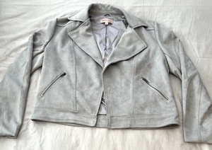 Philosophy Jacket Women Large Gray Faux Leather Moto Open Front Pockets Stretch - Picture 1 of 11