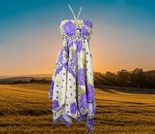 Women's Hankerchief Skirt Dress, Flowy Boho Dresses, Purple Floral Uneven S/M