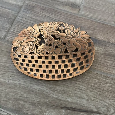 Cesta de flores de hierro fundido trivet cepillado cobre vintage antigua holandesa hecha a mano 1983 Foto 1 de 4