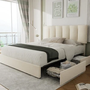 Queen Size Bed Frame with 4 Storage Drawers, Adjustable Height Headboard, Hea... - Picture 1 of 8
