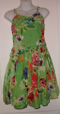 Eliane Et Lena Dress Girl's Kid's 10A Bright Green Floral with Red Underskirt 10 - Image 1 of 4