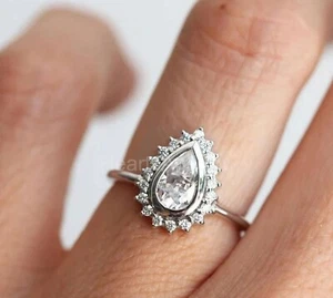 1.33ct Pear Simulated Diamond Bezel Set Halo Wedding Ring 14k White Gold Plated - Picture 1 of 6