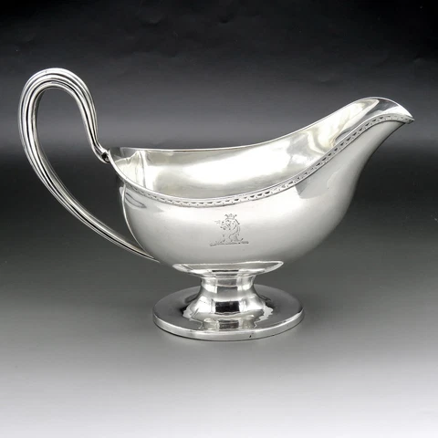 1781 English Georgian Sterling Silver Gravy Sauce Boat Crown Lion Crest Cover
