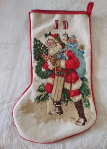 Vintage 15” Christmas Stocking Wool Needlepoint Completed Velvet Santa Claus EUC - Picture 1 of 6