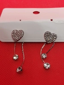 SILVER COLOURED HEART CRYSTAL DROP EARRINGS - Picture 1 of 10