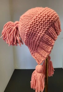 Hand Knit Pink Hat with Tassels for Young Girl - Picture 1 of 3