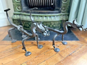 ANTIQUE ANDIRON FIREPLACE DRAGON LOG HOLDER HAND FORGED PRIMITIVE BRUTALISM ART - Picture 1 of 24