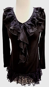 Pretty Angel Long Sleeve Top Womens Medium Black Ruffled Pullover Lined Lace New - Picture 1 of 12