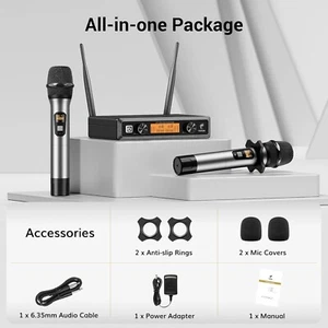 Wireless Microphone,Metal Dual Professional UHF Cordless Dynamic Mic Handheld  - Picture 1 of 21