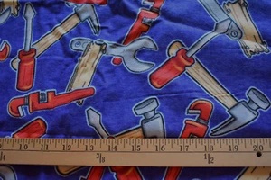 HAMMER PLYERS TOOL PRINT ON BLUE 100% COTTON FLANNEL FABRIC 27X42 INCHES - Picture 1 of 2