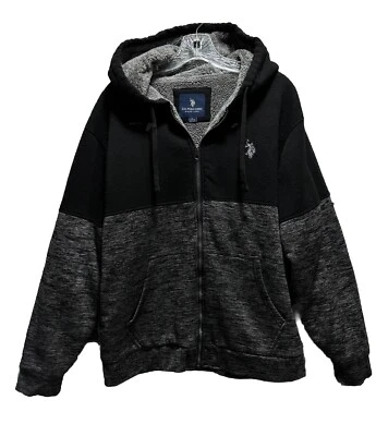 US Polo Assn. Chaqueta con Capucha de Vellón con Cremallera Negra/Gris Talla L Cremallera Bolsillo Logo Sherpa Foto 1 de 4