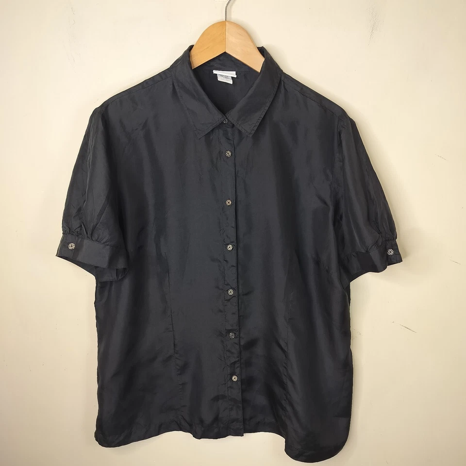 Jaclyn Smith 100% шелк рубашка на пуговицах блузка XXL женщин короткий рукав черный - Изображение 1 из 4