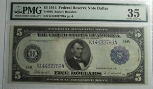 PMG 1914 $5 FRBN Dallas (11-K) VF-35 FR#886 Burke / Houston - Picture 1 of 2