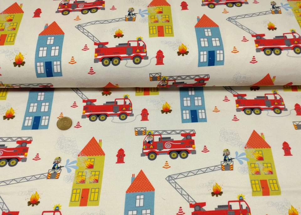 Feuerwehr Tatütata French Terry angeraut Swafing natur Kinderstoff Feuerwehr 25  - Bild 1 von 1