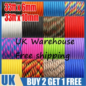 550 Paracord 6mm/10mm 33FT Camping Rope Mil-Spec Parachute Cord Lanyard UK - Picture 1 of 19