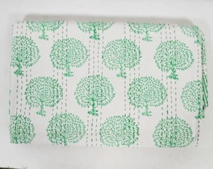 Handmade Tree Print Kantha Embroidery Double Blanket Throw Boho Hippie Bedspread - Picture 1 of 8