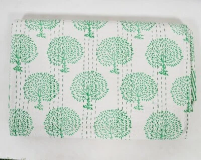 Handmade Tree Print Kantha Embroidery Double Blanket Throw Boho Hippie Bedspread - Image 1 of 4