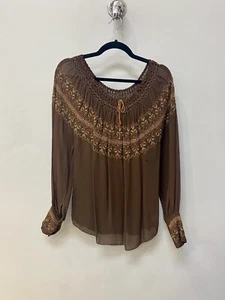 Vintage 1970s Greek Embroidered Peasant Blouse Brown Rayon Embroidery AS IS - Picture 1 of 19