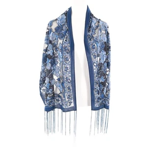 Burnout Floral Scarf Wrap Blue Cottagecore Art To Wear Granny Gypsy Grannycore - Picture 1 of 12