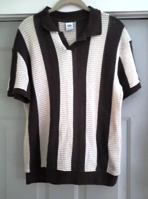 Zara Woven Knit Mens Short Sleeve Polo Striped Brown and Cream - Size Small - Изображение 1 из 4