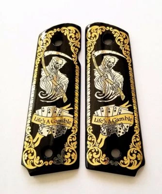 1911 full size custom engraved wood grips gold silver reaper skull cards Scroll