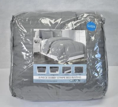 Plazatex Vine Down Alternative Bedding 8 Piece Dobby Stripe Queen Size Gray - Image 1 of 4