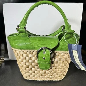 NEW Falls Creek Woven Rattan Tote Handbag Purse w Green Faux Leather Accents - Picture 1 of 16