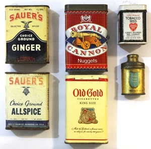 Vintage Grocery / Tobacco Tin Lot, Sauer's, Old Gold, Royal Cannon & Others - Picture 1 of 2