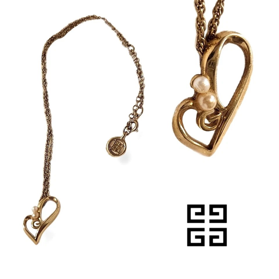 Collar Givenchy (Auténtico) Asimétrico Oro Corazón y Perla Acento 18" De Colección Foto 1 de 4