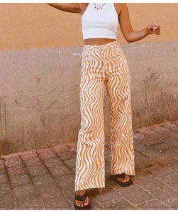 Zara Wide Leg Jeans Orange Wavy Swirl Jeans Size 2 Groovy Retro Inspired - Imagen 1 de 12