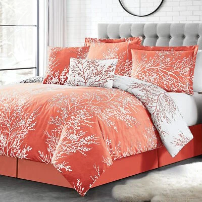 Coral White Nature Trees Branches Leaves 6 pc Comforter Set Queen King Bedding - Image 1 of 3