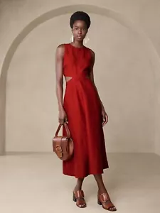 BANANA REPUBLIC LINA LINEN CUTOUT MIDI DRESS, SIZE 12 RED EMBERS NWT #632597 - Picture 1 of 6