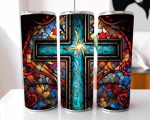 Multicolor Stained Glass Cross Christian Stainless Steel Tumbler - Picture 1 of 3