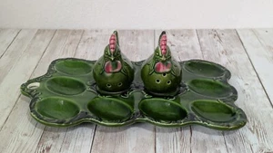 Mid-Century Grün Teufel Eier Tablett mit Huhn Salz & Pfefferstreuer Japan - Bild 1 von 7