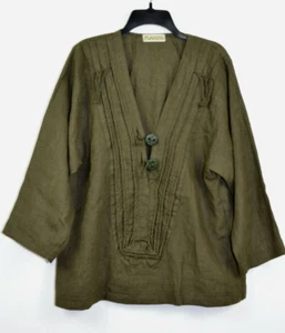 Flaxxx Dark Hunter Green 100% linen BOHO Tunic Top  India sz M/L Art to Wear - Picture 1 of 9