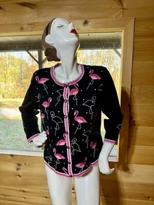 Jack B Quick Womens Large Cardigan Sweater Flamingo, Beaded,Embroidery Button Up - Picture 1 of 16