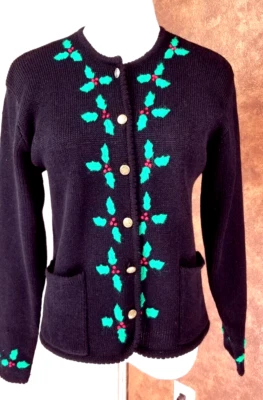 Cárdigan navideño vintage Tally Ho para mujer talla S con acento acebo Foto 1 de 4