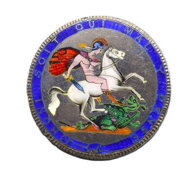 Antique Georgian Sterling Silver & Enamel Crown Coin Brooch 1819 Slaying Dragon - Image 1 of 4