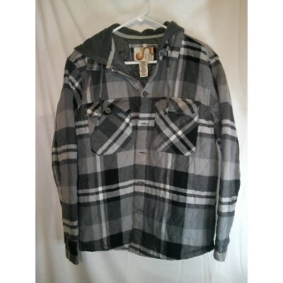 Vintage Ocean Pacific Quilted Flannel Shirt Jacket Hooded Plaid Gray Black S - Image 1 of 3