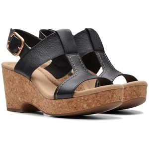 Sandalias de cuña Clarks para mujer estilo Giselle con cordones de corcho talla 7M de cuero negro - Imagen 1 de 8