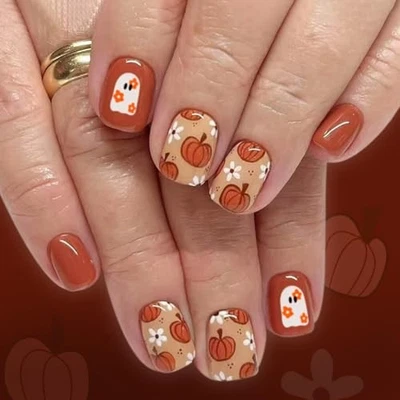 Unhas falsas quadradas curtas de outono com abóbora laranja fofas Halloween Press on Nails  - Imagem 1 de 4