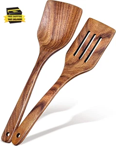 2Pcs Wooden Spatula, Acacia Solid & Slotted Turner Spatula Set, Long Handle Flat - Picture 1 of 7