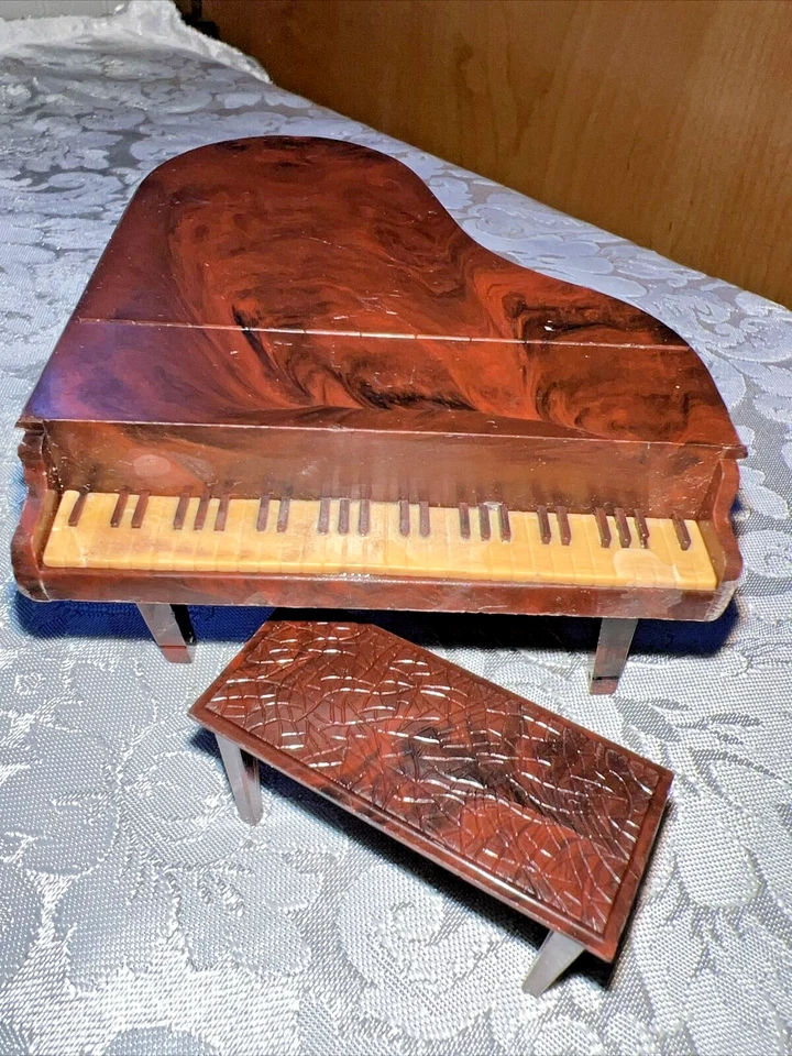 Renewal Grand钢琴带Bench老式娃娃屋家具微型大理石纹外观 — 第 1/4 张图片