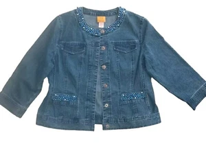 Ruby Rd 12 Hippie Bling Beading Western Boho 3/4 Sleeve Denim Blue Jean Jacket  - Picture 1 of 15
