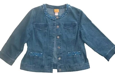 Ruby Rd 12 Hippie Bling Beading Western Boho 3/4 Sleeve Denim Blue Jean Jacket  - Image 1 of 4